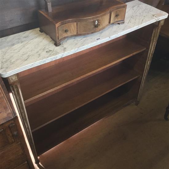 French carved walnut and parcel-gilt open bookcase with white marble top